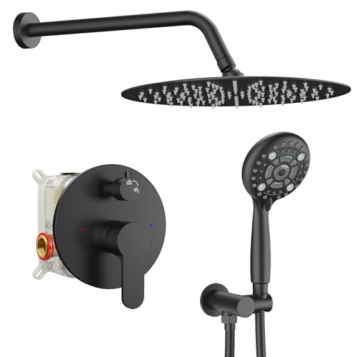 Image of SR SUN RISE Shower Faucet - 12 Inch Multifunctional High Pressure Shower Head System with Handheld Shower Head Fixtures - Valve Included - Matte Black