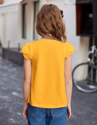 Image of Arshiner Girls Shirts Short Sleeve Square Neck Summer Lace Openwork Pleated Tops Blouse Tunic