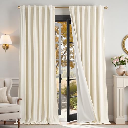 Image of Blackout Ivory Velvet Curtains Neutral Back Tab 52x96 Inch 2 Panels | Enhanced Light Blocking, Lined, For Bedroom & Living Room, Light Shifting Texture, Elegant Drape, Cozy, Rod Pocket