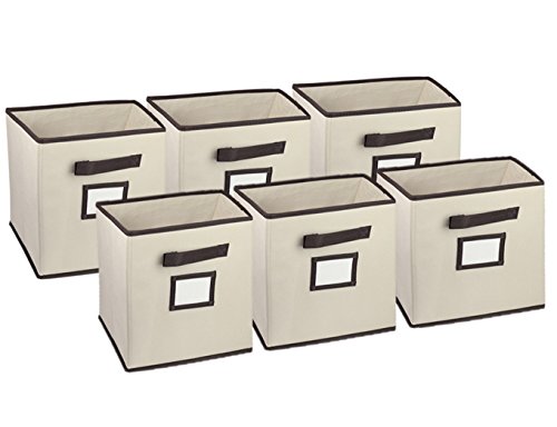 Foldable Storage Cube Closet Organizer, Classic Beige, 6 Pack with Handy Label Window to Make Identifying Contents Easy. Set Includes 6 Collapsible Fabric Cubicle Storage Bins