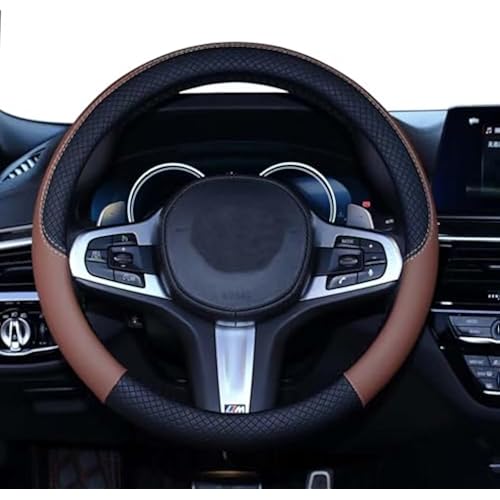 SHIAWASENA Car Steering Wheel Cover, Leather, Universal 15 Inch Fit, Anti-Slip & Odor-Free (Black&Brown)