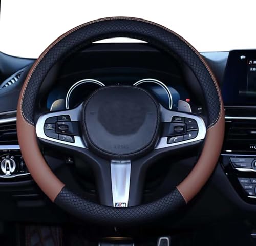 SHIAWASENA Car Steering Wheel Cover, Leather, Universal 15 Inch Fit, Anti-Slip & Odor-Free (Black&Brown) by SHIAWASENA - Used condition - US$16.14