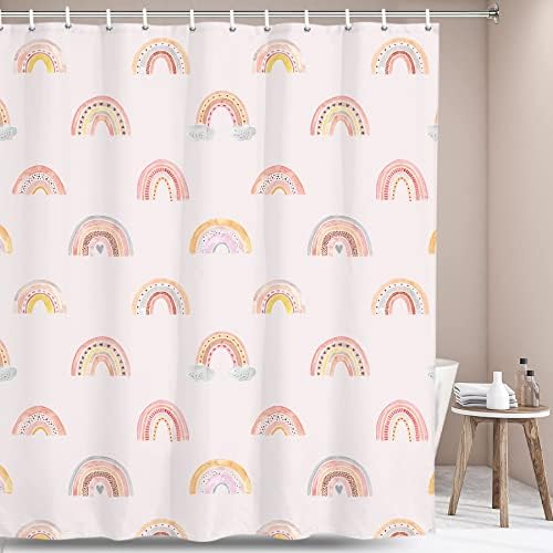 Miyotaa Rainbow Girls Shower Curtain Set 60Wx71H Inches Watercolor Pink Cute Abstract Kids Polyester Waterproof Cloth Bathroom Curtain with 12 Hooks