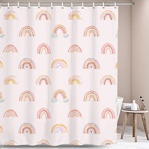 Miyotaa Rainbow Girls Boho Shower Curtain Set 60Wx71H Inches Watercolor Pink Cute Abstract Kids Polyester Waterproof Cloth Bathroom Curtain With 12 Hooks #TOP13