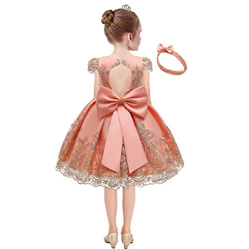 HIHCBF Baby Girls Bowknot Christening Dress Embroidered Lace Pageant Wedding Party Birthday Baptism Tutu Gown w/Headwear Peach 4-5T