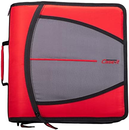 Case-it The Mighty Zip Tab Zipper Binder - 3 Inch O-Rings - 5 Color Tab Expanding File Folder - Multiple Pockets - 600 Sheet Capacity - Comes with Shoulder Strap - Fire Engine Red D-146