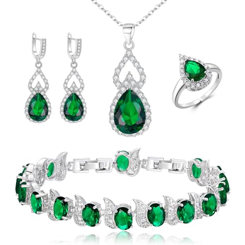 Clearine Juegos de Joyas de Mujer Conjunto de Joyería Chapado en Plata Lágrima Circonita Cúbica Collar Abierto Ajustable Anillo Pendientes Pulsera Juego para Boda/Aniversario/Día de la Madre Verde