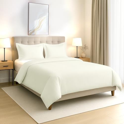 Image of Pizuna 100% Cotton Duvet Cover Double Bed, 400 Thread Count Long Staple Cotton Sateen Weave Quilt Cover 90X100 Inch, Comforter Cover King Size Double Bed with 4 Corner Ties, Off White