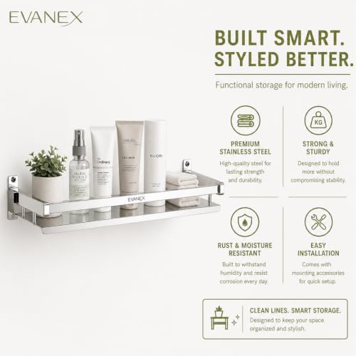Image of EVANEX Folding Shelf for Bathroom 304 Grade Stainless Steel Bathroom Racks and Shelves Wall Mounted Single Layer Multipurpose Shelf Bathroom Accessories Set