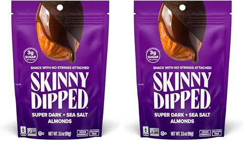 Image of SkinnyDipped Super Dark Chocolate + Sea Salt Almonds, Vegan, Healthy Snack, Plant Protein, Gluten Free, 3.5 oz Resealable Bags, Pack of 2