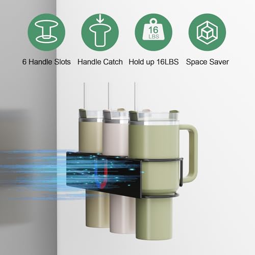 Magnetic Cup Holder for Fridge, Aufworld Tumbler Organizer Fits 20/30/40 oz Stanley Cups, Accessory Storage with Lid & Straw Holder, Space-Saving Storage Rack for Kitchen Fridge (Black-Cup Holder Set)