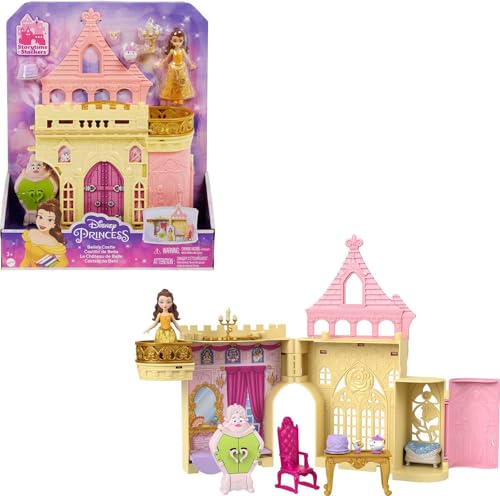 Mattel Disney Princess Toys Belle Stackable Castle Doll House with Small Belle Doll 4 Character Friends & 3 Accessories Portable with Handle