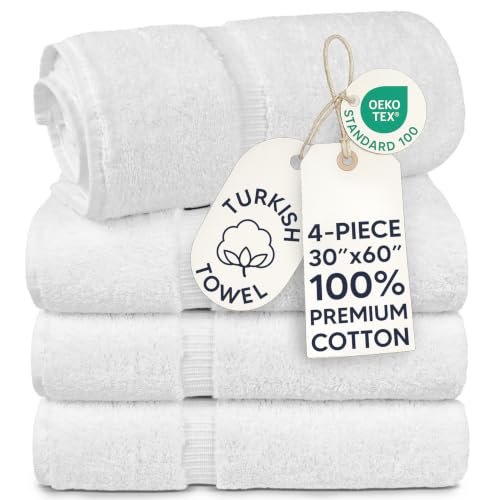 Chakir Turkish Linens 4 Piece Extra Large Bath Towels 100% Cotton Luxury Turkish Towels for Bathroom Soft Absorbent Bath Towels 30 x 60 Inches White