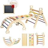 BlueWood Pikler Triangle Set, 7-in-1 Foldable Wooden Toddler Climbing Toys Indoor Playground Jungle Gym Montessori Philosophy Climber for 2-6 Years Old, Baby, Kids (Rainbow)