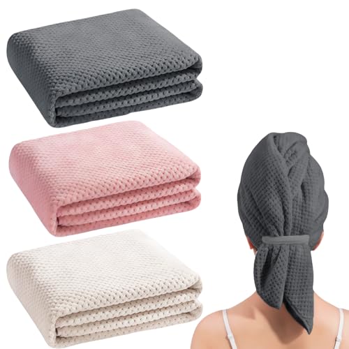 3 toallas de microfibra para el pelo, tamaño del pelo de toalla de microfibra, tamaño de 100 x 60 cm, turbante de microfibra fuerte absorción de agua, toalla turbante con botón, toalla de pelo con
