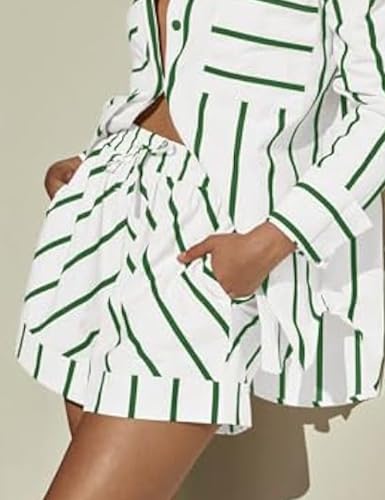 Image of Womens Striped 2 Piece Set Button Down Shirt & High Waist Drawstring Shorts Summer Lounge Matching Outfits