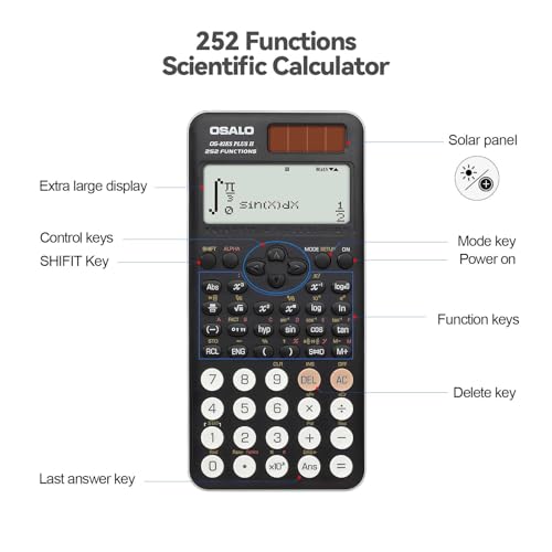 OSALO Wissenschaftlicher Taschenrechner 252 Funktionen, 2-zeiliges geschriebenes Display mit Schiebedeckel für Schüler der Sekundarstufe (OS 82ES Plus 2nd Edition)