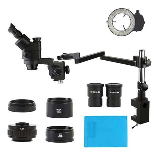 Microscope 3.5X-90X Trinocular Stereo Microscope Articulating Arm Clamp + 0.5X 2.0X Auxiliary Objective Lens 144 Light for Phone PCB Repair