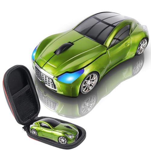 Image of elec Space Wireless Mini Mouse with Case - Cute Sports Car Shape, Lightweight & Portable, 10m Range, Plug and Play (Green)