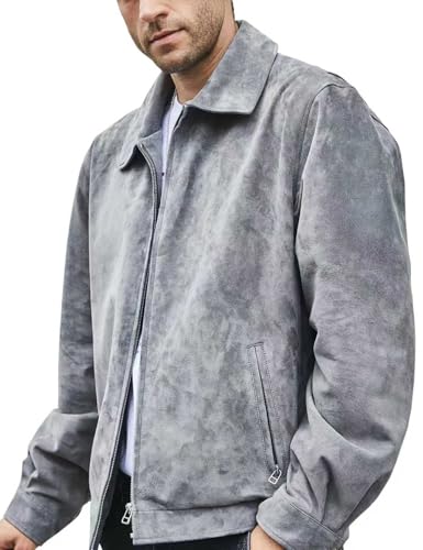 FLAVOR Men's Suede Leather Bomber Jacket Casual Coat for Men, Gray, Large