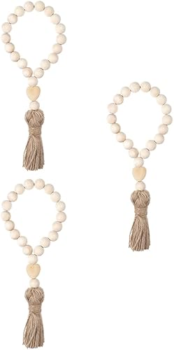 Happyyami Guirnalda de cuentas de madera con borlas para colgar en la pared, decoración rústica para colgar en la puerta, cortina, adornos de granja