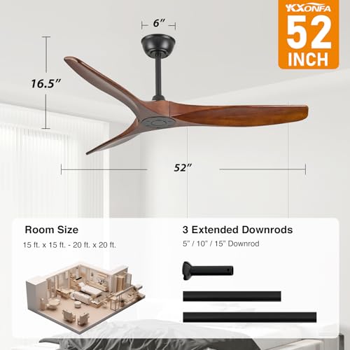 52 Inch Ceiling Fan No Light, 3-Blade Walnut Wood Ceiling Fan with Remote - image 4
