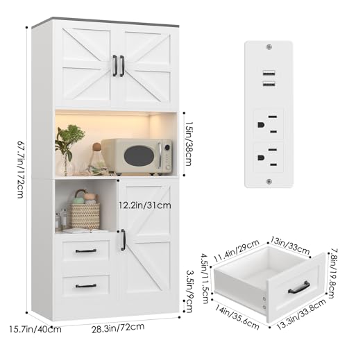 Image of Kitchen Pantry Storage Cabinet with LED Lights and Power Strip, Tall Farmhouse Kitchen Pantry with Barn Doors and Drawers, Adjustable Shelves for Dining Living Room (White)