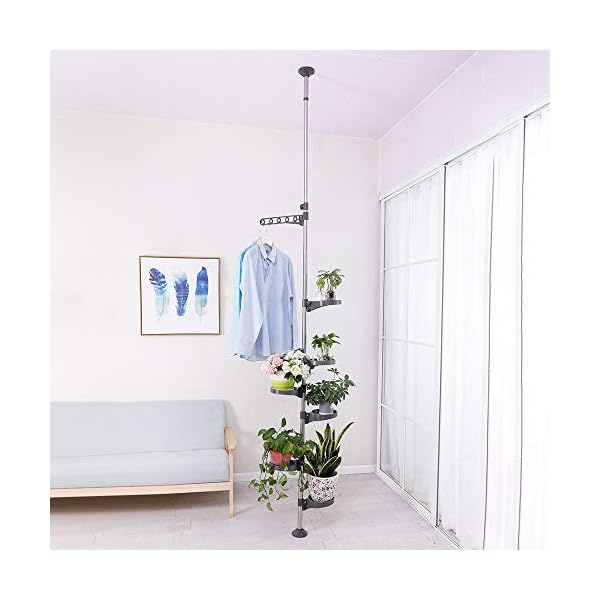 BAOYOUNI 7-Tier Indoor Plant Pole Spring Tension Rod Expandable Flower Pots Display Rack Stand Hanger Metal Corner Storage Shelf, Grey - Image 3