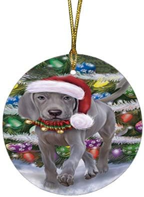 Christmas Express Delivery Red Truck Running Weimaraner Dogs Round Flat Ornament - Pet Decorative Hanging Ornaments for Christmas X-mas Tree Decorations - 2.75" Round Christmas Ornament