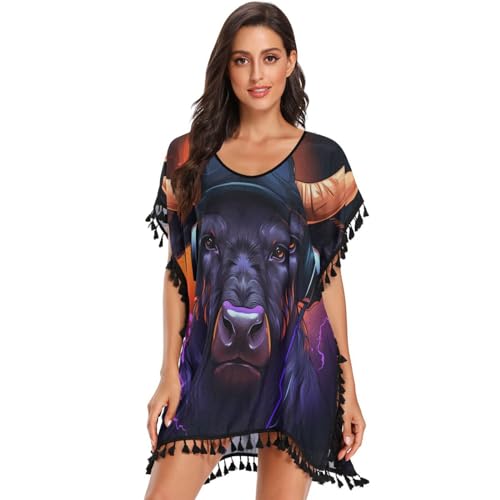 Cool Animal Art Bison Women's Beach Cover Up Chiffon Tassel Swimwear Swimsuit Coverups for Girl