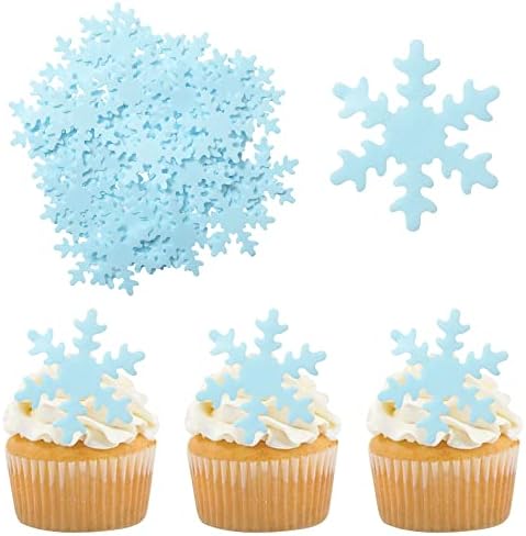 Gyufise 50Pcs Edible Snowflakes Blue Cupcake Cake Toppers Decoration for Chirstmas Winter Frozen Theme Party Supplies