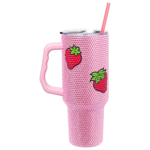 Image of Silver Buffalo Strawberry Shortcake StainlessSteel Rhinestone Tumbler, 40oz | Blueberry Muffin, Collage, 1.2 Liters, Pink, Double-Walled, Handle, Straw, Straw Cap
