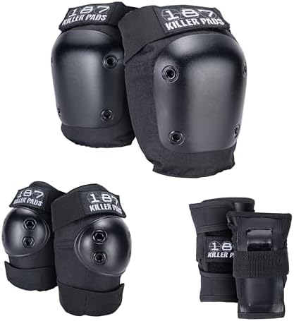 187 Killer Pads Six Pack Pad Set, Protective Gear for Elbows, Knees, and Wrists - Ideal for Skateboarding, Roller Skating, and Inline Skating (Black, Large-X-Large)
