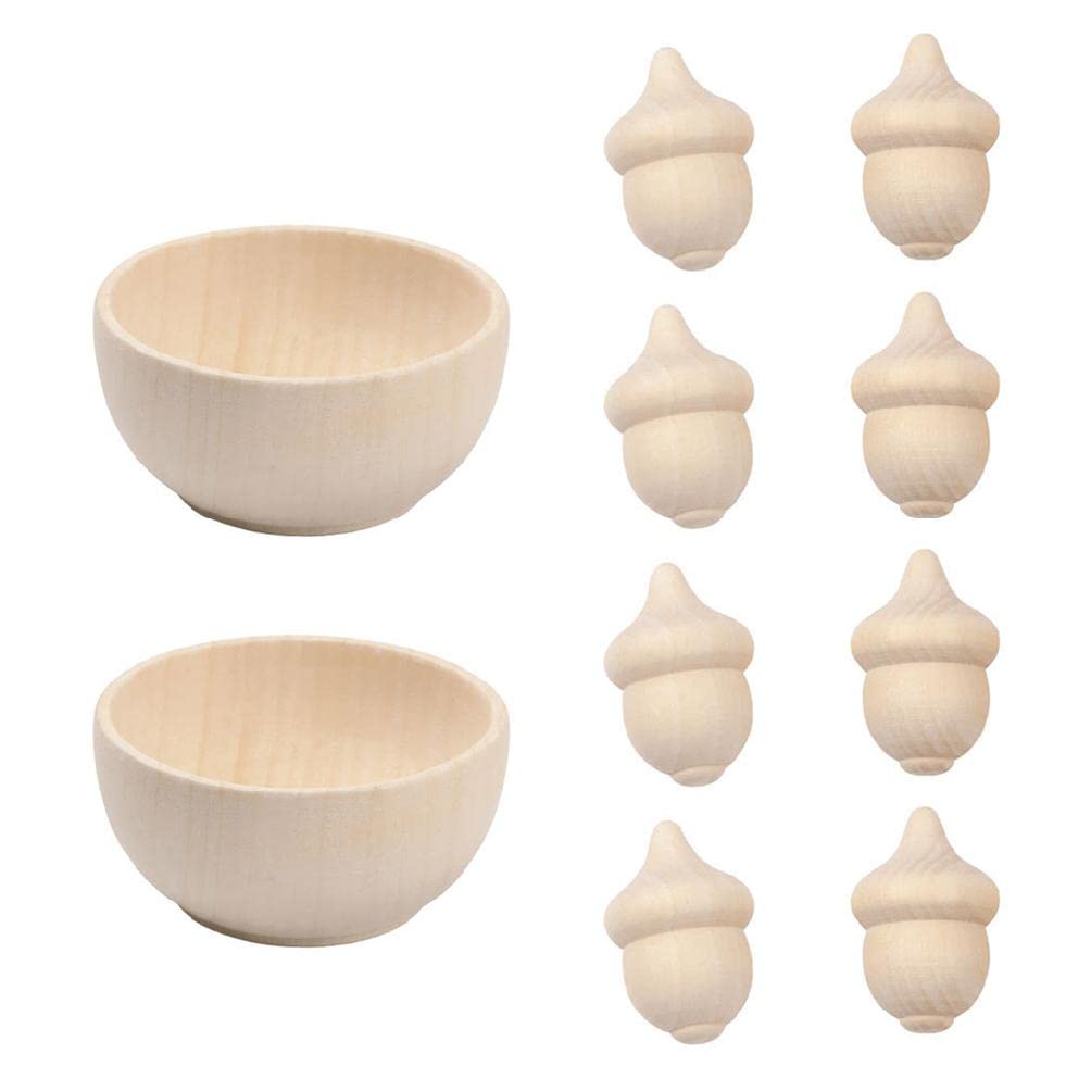 Tkdncbec Unfinished Wooden Acorn & Bowl Kit Handicraft Decor Kit Compatible w/Painting Waldorf Doll Making 8 Acorns & 2 Bowls Set acorn bowls