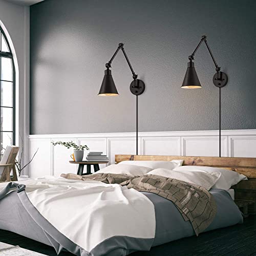 Caduke Swing Arm Wall Lamp For Bedroom, Set Of 2 Plug In Wall Light Fixture With Dimmable Switch, Industrial Metal Black Wall Reading Sconce For Living Room Farmhouse Hallway #TOP1