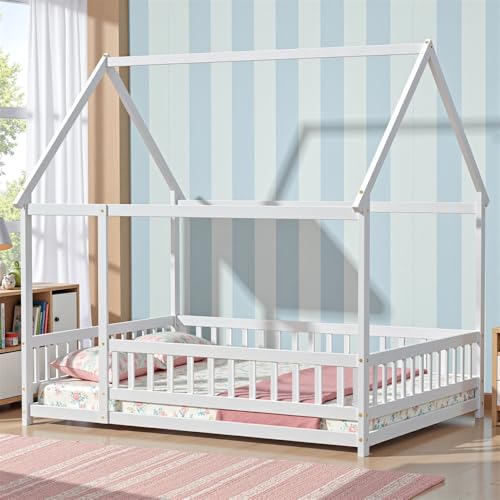 LLS Full Size Floor Bed Frame with Roof Fence, Wooden