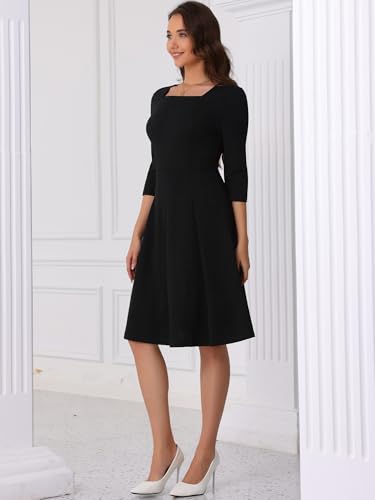 Allegra K Work Dress for Women's Square Neck 3/4 Sleeve Belted Wedding Guest Church Pleated Midi Dresses4