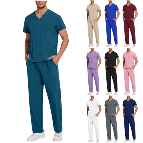 Battnot Herren-Schrubb-Set Schlupfkasack + Schlupfhose Set Medizin Arzt Uniform Schlupfjacke Oberteil mit Hose Berufsbekleidung Kasacks Herren Pflege Günstig Einfarbig Kurzarm T-Shirt Tops und Hose