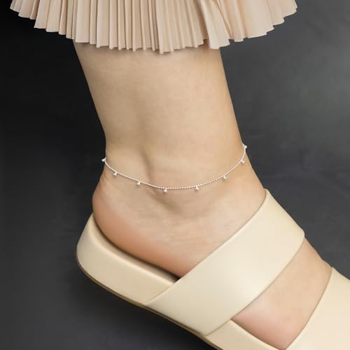 Image of Amberta Italian Sterling Silver Anklet for Women 925 | Adjustable Ankle Bracelets for Women Beaded Heart Summer Jewellery