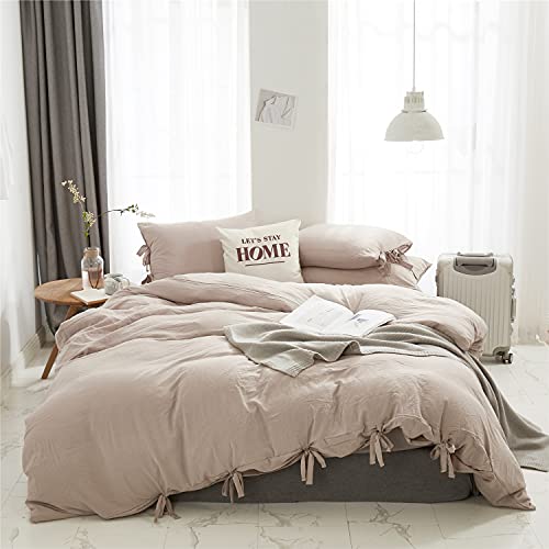 MoonxHome Duvet Cover with Bow Bedding Bow Duvet Cover Set with Butterfly Tie Straps Fringe Luxury 100% Super Soft Microfiber 3 Piece Comforter Cover Set Includes 2 Pillow Shams Tanwy Queen