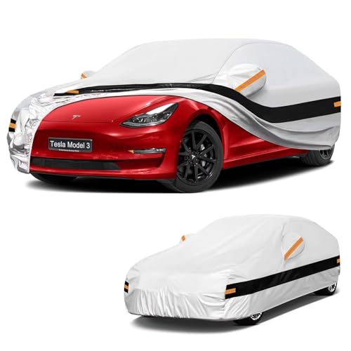 Image of 10 Layers Car Cover with Charger Port Custom Fit for Tesla Model 3 (2017-2026), Waterproof All Weather for Automobiles, Outdoor Full Cover Sun Dust Rain Protection with Cotton. Silver