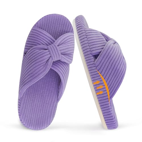 MAJOALLURE Women's Cozy Memory Foam Arch Support House Slippers Ladies Orthopedic Crossband Open Toe Home Bedroom Bed Slippers for Plantar Fasciitis Fluffy Corduroy Bow Slide Indoor Outdoor Purple 7-8
