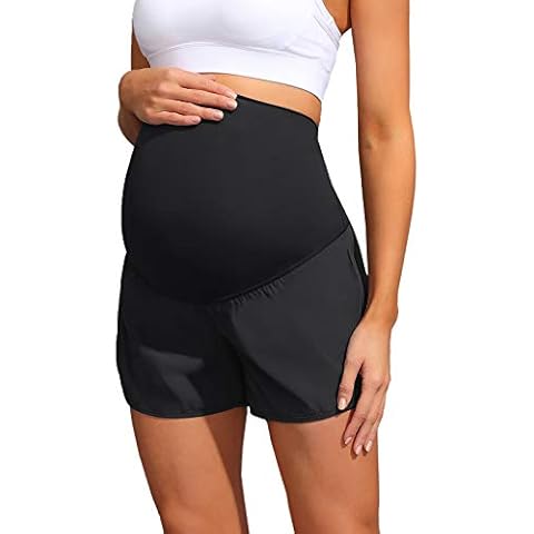 Maacie Women Maternity Layered Fast Drying Yoga Shorts with Liner Inner Pocket Black Cover