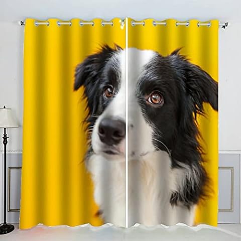 MOUPL 3D Border Collie yellow Blackout Curtains Set 2 Panels 27" Wide x 63" Drop for Girls Boys Kids Thermal Insulated Window Drapes Polyester Fabric Eyelet Curtains for Home Decoration Cover