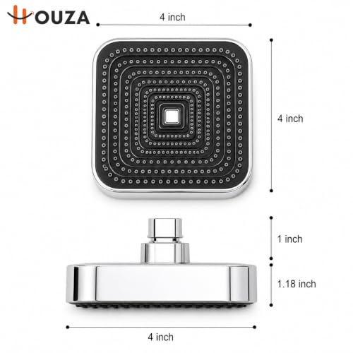 Image of HOUZA Square Shower Head for Bathroom | 4 Inch Single Flow Overhead Shower with Arm | Adjustable Bathroom Shower with Even Water Flow & Rust Resistant | Anti-Clog Silicone Nozzles for Wall Mounting