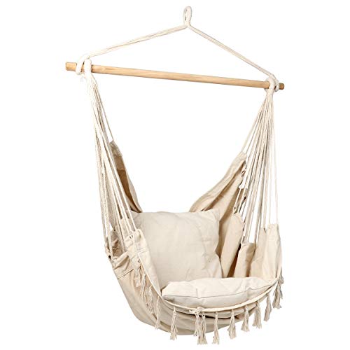 CCTRO Large Hammock Chair | Hanging Rope Swing Seat for Indoor & Outdoor | Soft & Durable Cotton Canvas | 2 Cushions Included with Pocket for Bedroom, Patio, Porch (Beige)