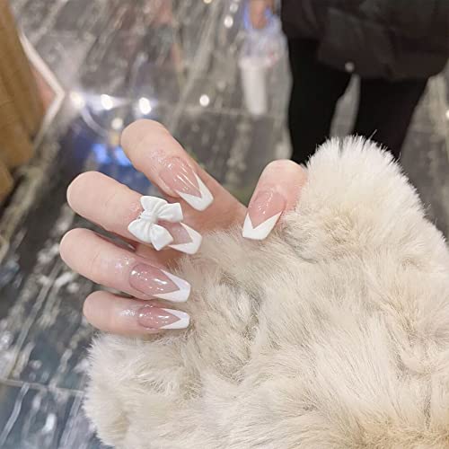 24Pcs Medium Coffin Fake Nails,White French Bow Medium Acrylic Press ons False Nails Full Cover False Nails Glossy Ballerina Press on Nails for Women and Girls