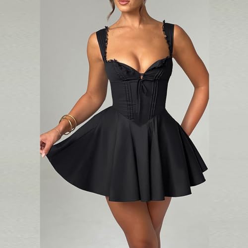 Women's Y2k Mini Corset Dress Deep V Neck Sleeveless Backless Lace Trim Ruffle Hem A-Line Dress Beach Sundress3