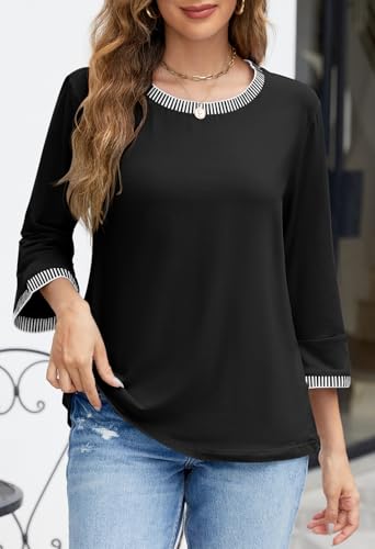 MEROKEETY Women's 3/4 Length Sleeve Tops Dressy Casual Crew Neck Loose Trendy Spring Blouses T Shirts2