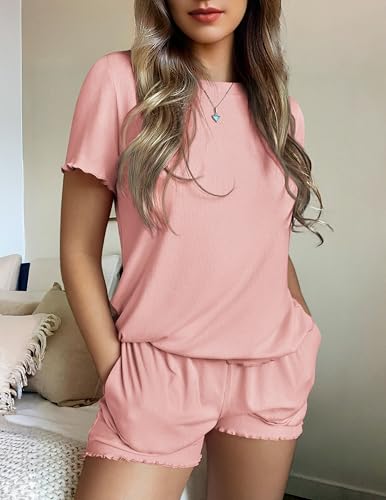 Image of Ekouaer Womens Pajamas 2 Piece Ribbed Knit Pjs Short Sleeve Sleepwear Set Summer Soft Pajamas Set Casual Lounge Sets